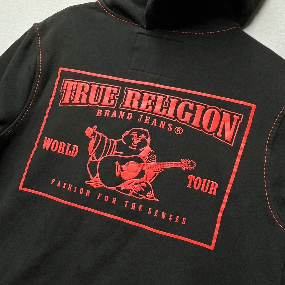 True Religion Mens World Tour Zip Hoodie Black Red Contrast Stitch Large Buddha